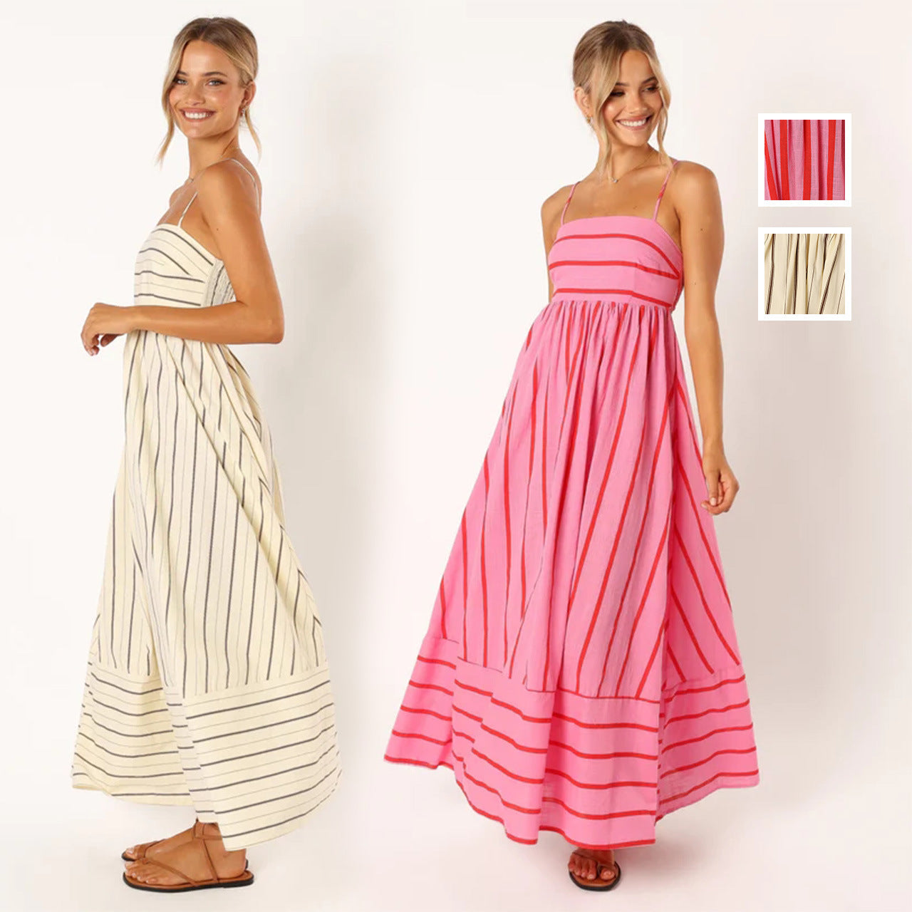 Striped Sleeveless Sling Backless Large Swing Dress
