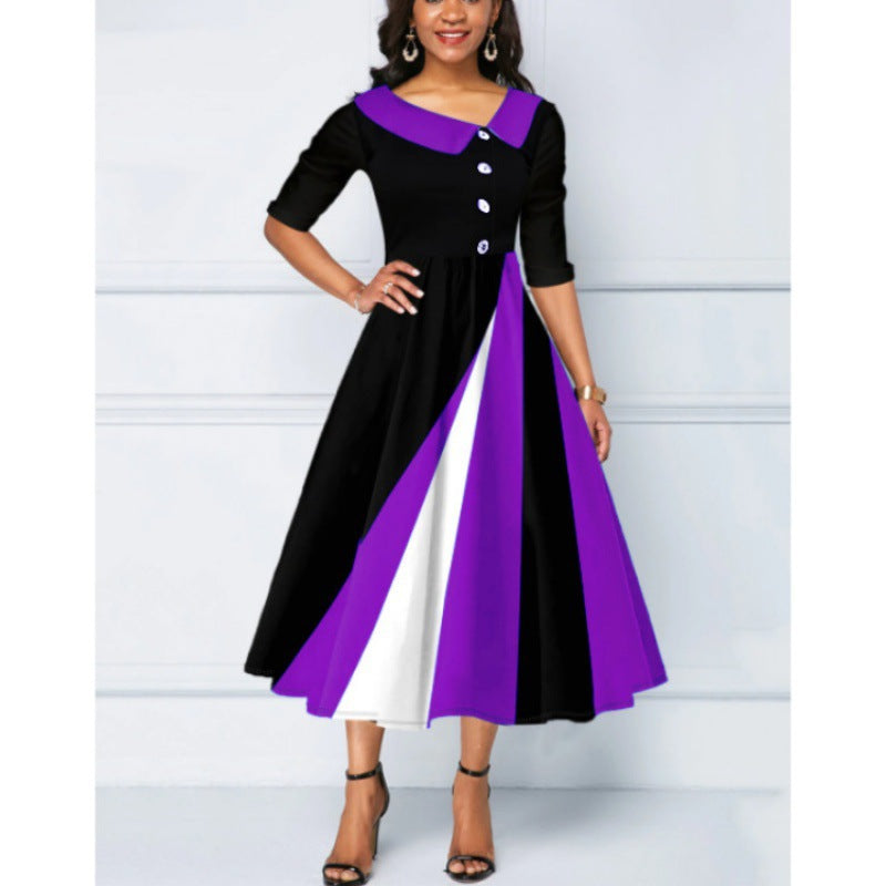 Women's Fastener Decoration Printed Large Swing Sleeve Dress
