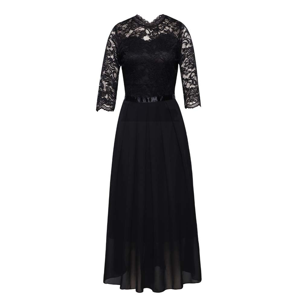 Women's Long Chiffon Round Neck Lace Dress
