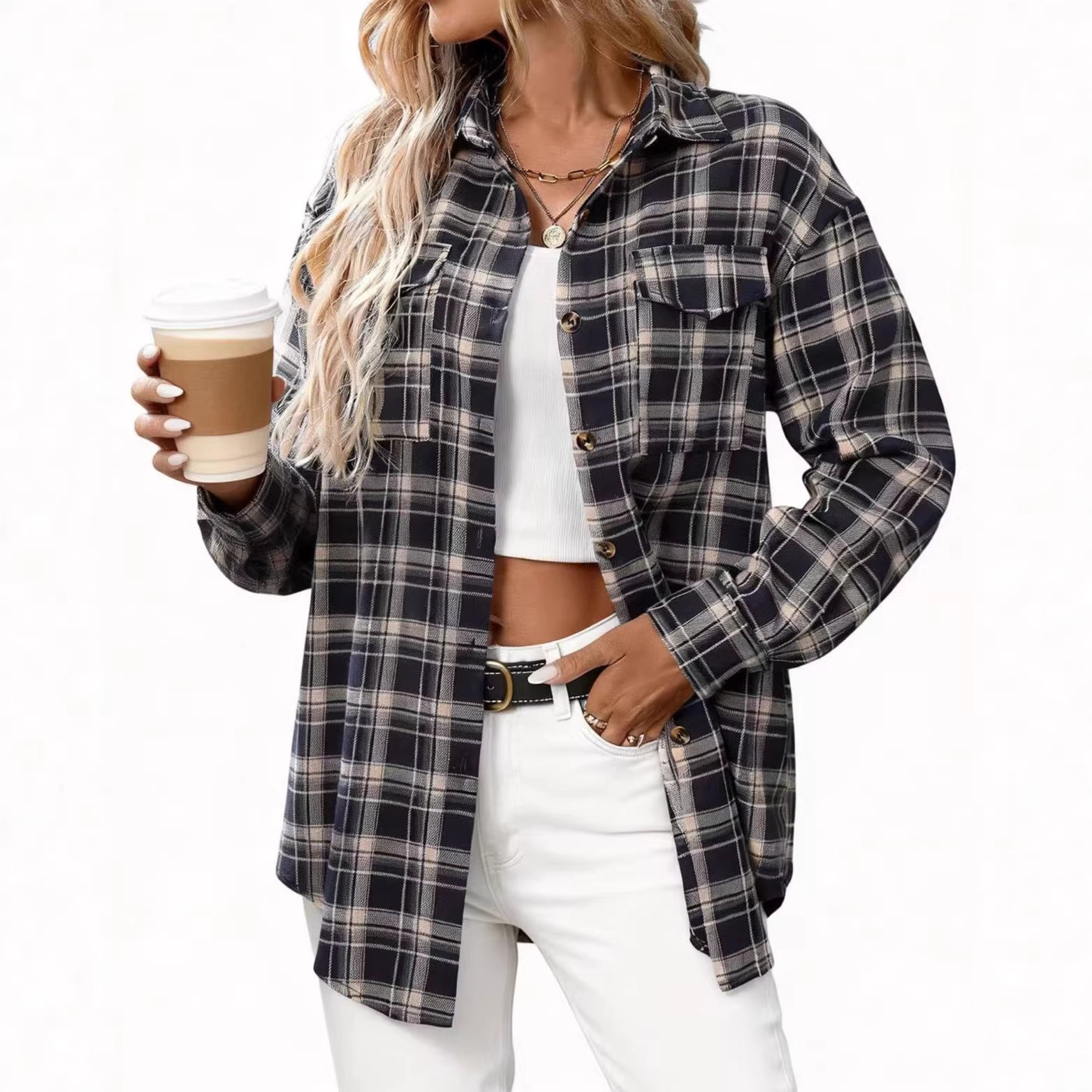 Women's Casual Fashion Loose Plaid Pocket Shirt Blouse