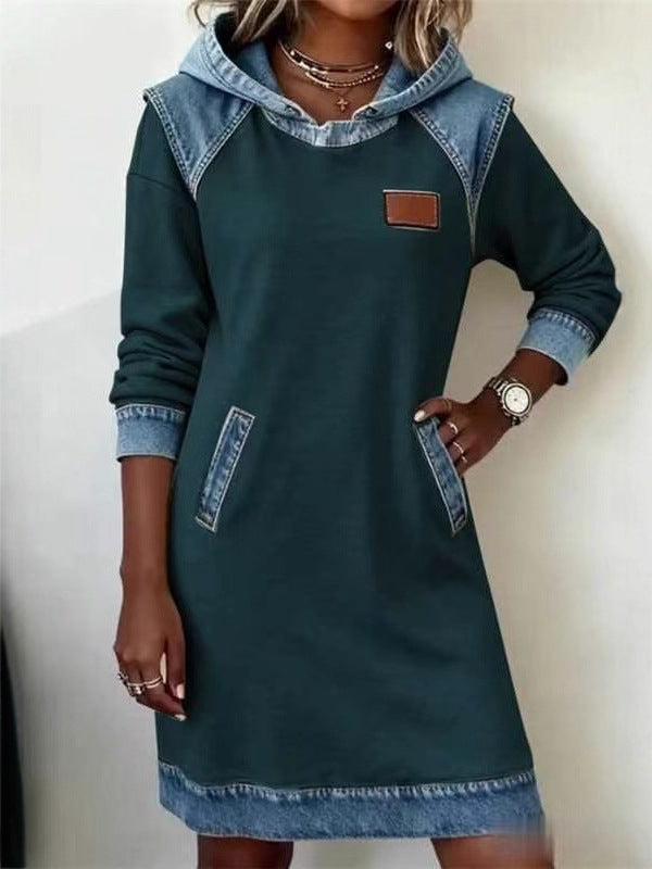 Denim Color Matching Ladies Hoodie Contrast Hat Dress