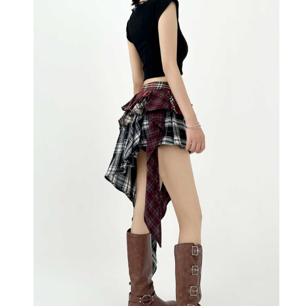 Women's Contrast Patchwork Plaid High Waist Slimming Skirt