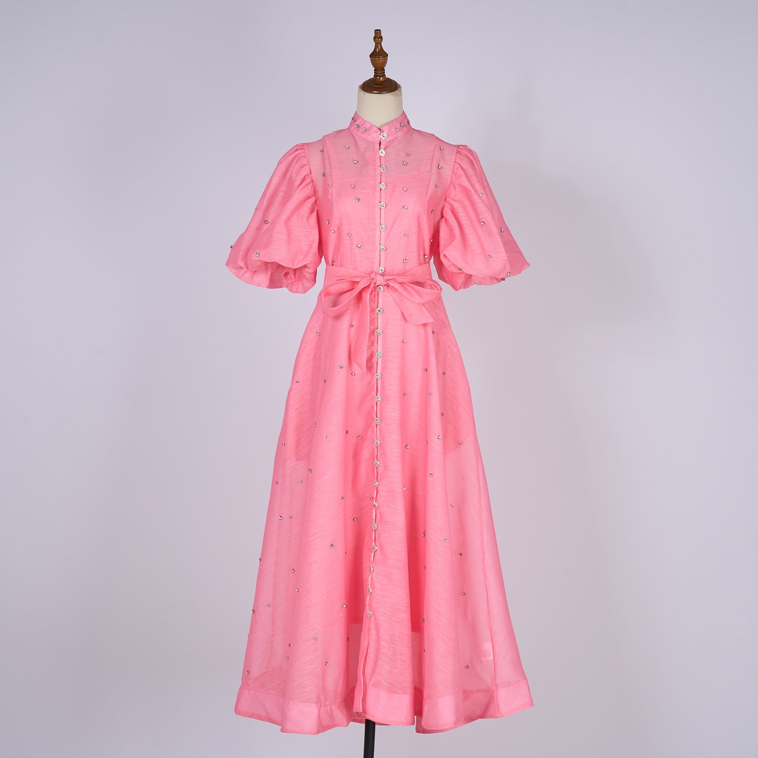 Summer Palace Style High Design Sense Rhinestone Sleeve Single-breasted Long Dress