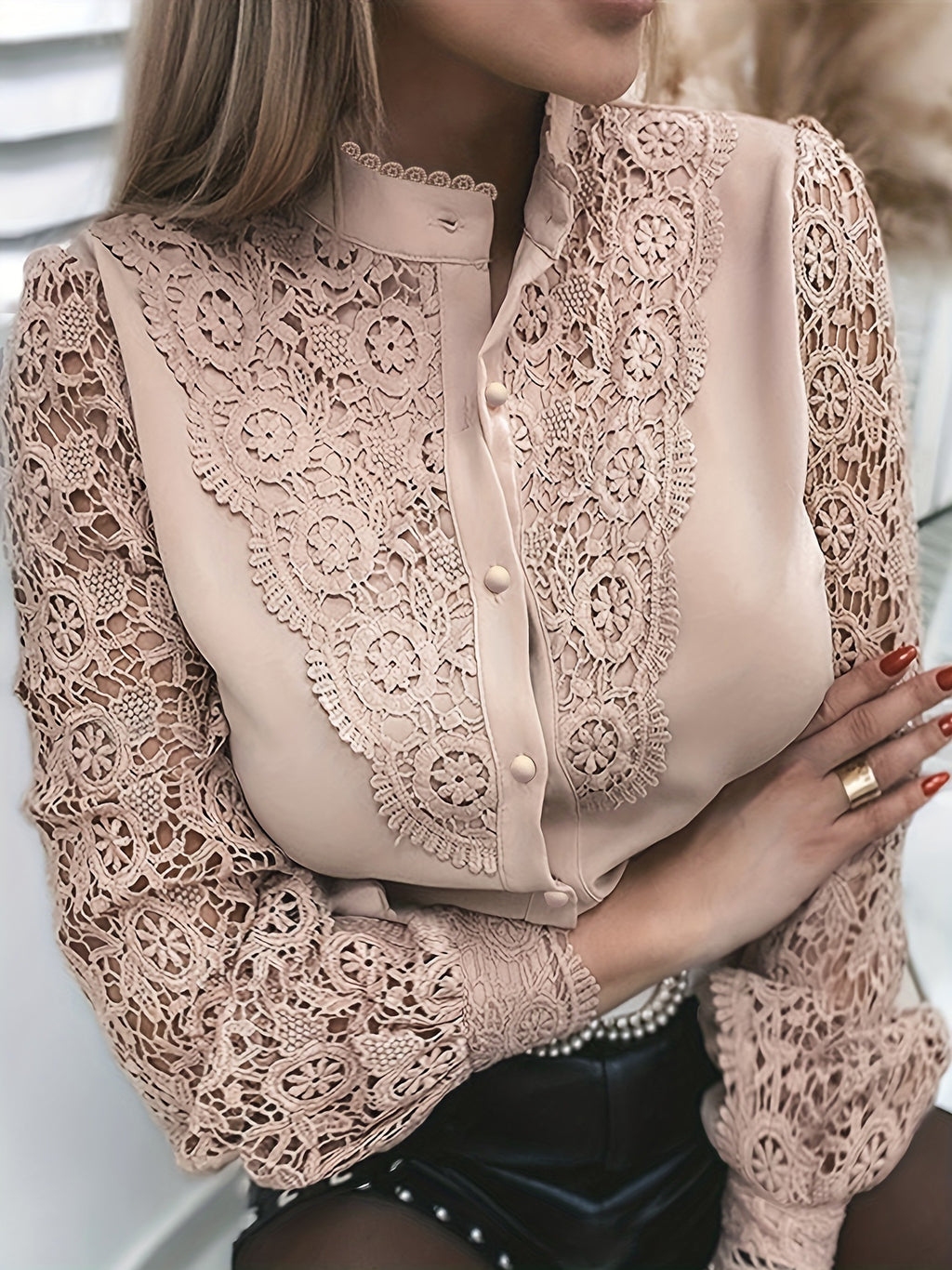 Women's Shirt Long Sleeve Round Neck Hollow Blouse