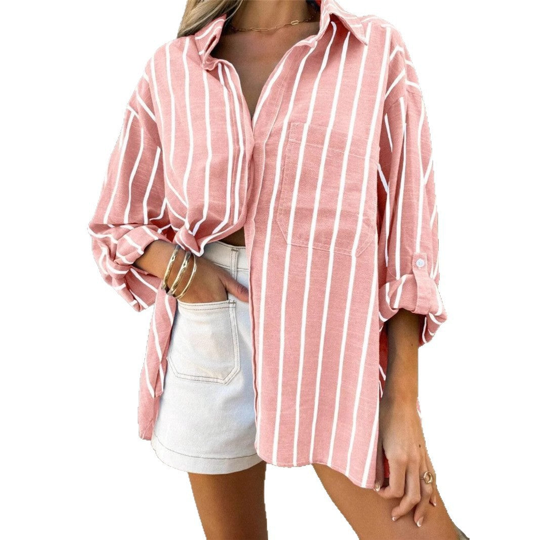 Loose Collar Striped Pocket Cuff Shirt Blouse
