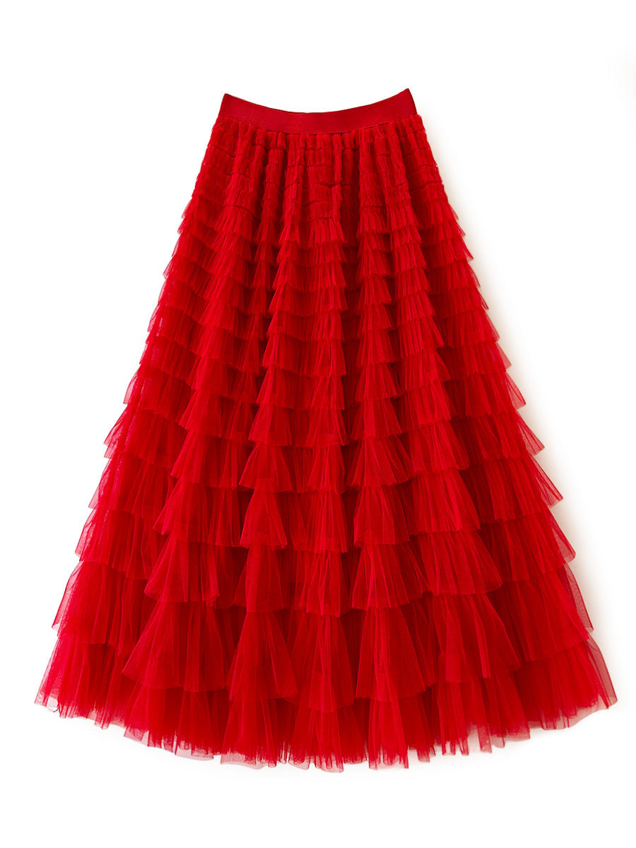 Women's Long Autumn Elegant Solid Color High Waist Net Yarn Cake Skirts