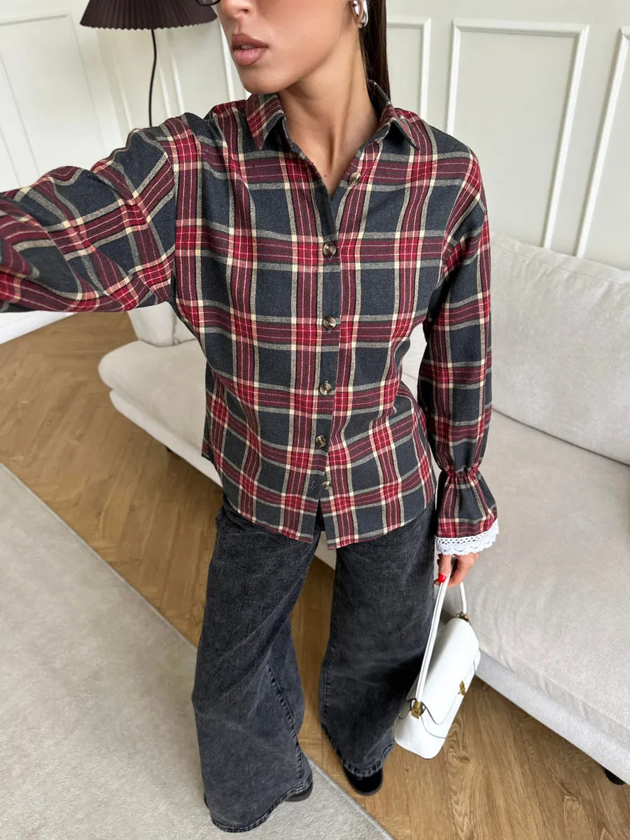 Versatile Design Slim Fit Shirt Plaid Long Blouses