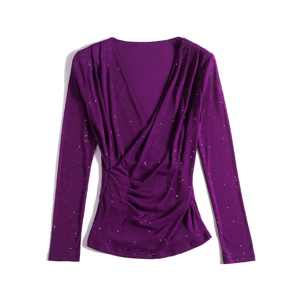 Women's Pure Color Mesh Glittering Powder Slim Fit Slimming Long Sleeves Women's T-shirt