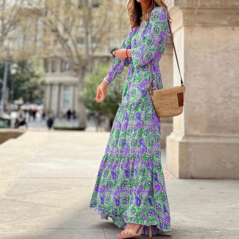 Women's Spring Elegant Bohemian Printed Large Swing Dress