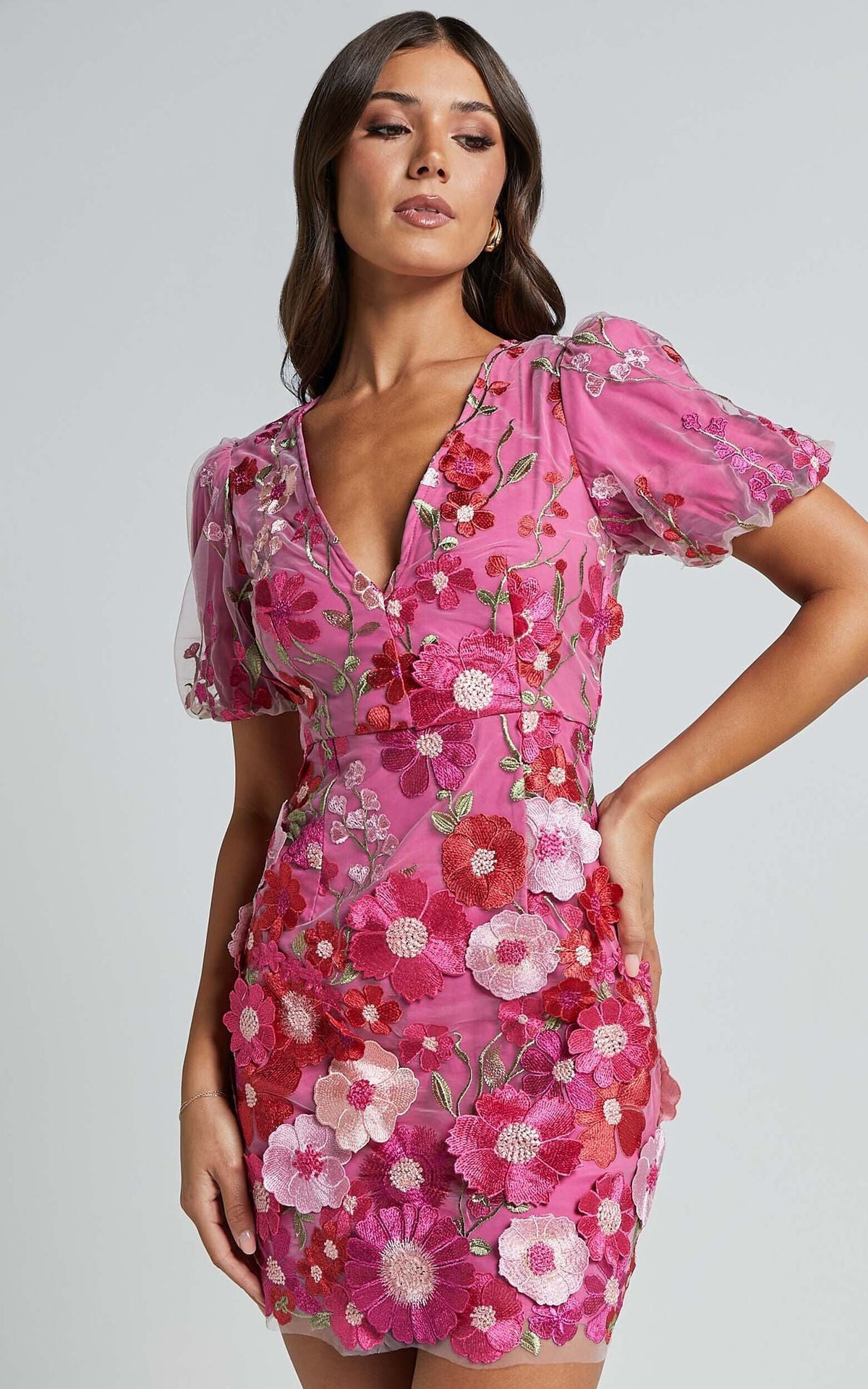 Three-dimensional Flower Sheath Lantern Sleeve Sexy Dress