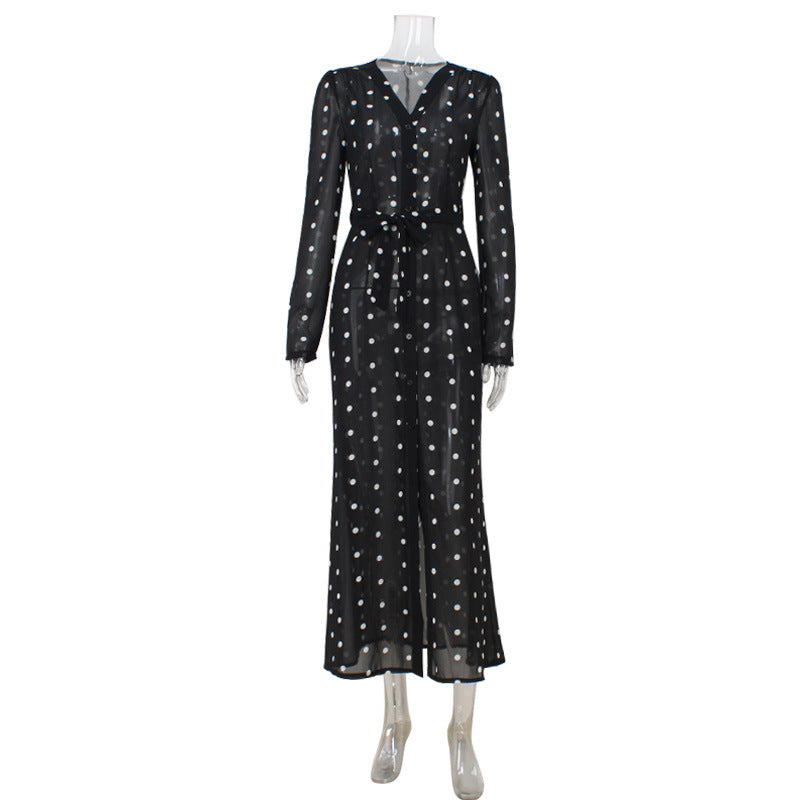 Gentle Summer Fashionable Temperament Mid-length Long Sleeve Polka Dot Dress