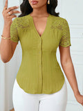 Fashionable Single-breasted Solid Color Embroidery Hollow Women's T-shirt
