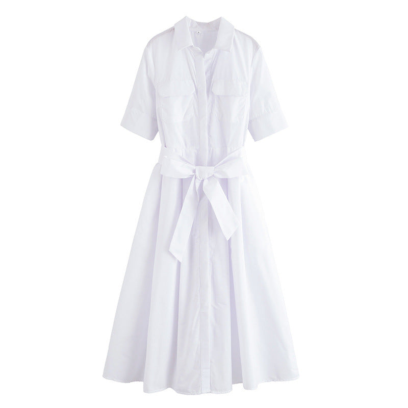 Fashion Polo Collar Single-breasted With Belt Shirt Dress