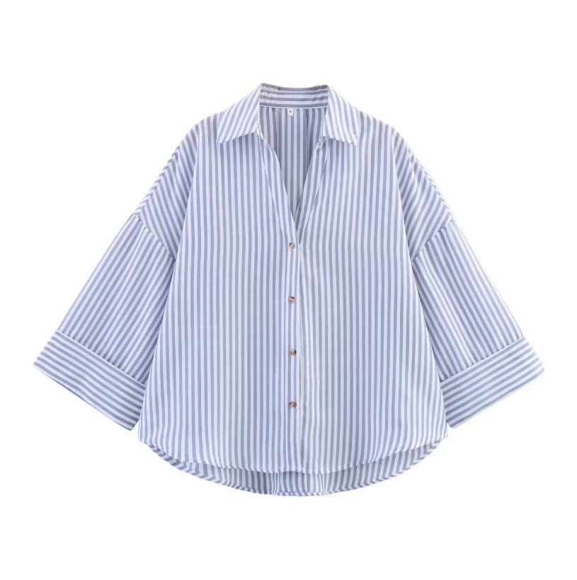 Women's Single For Fashion Casual Lapel Striped Wide Blouse