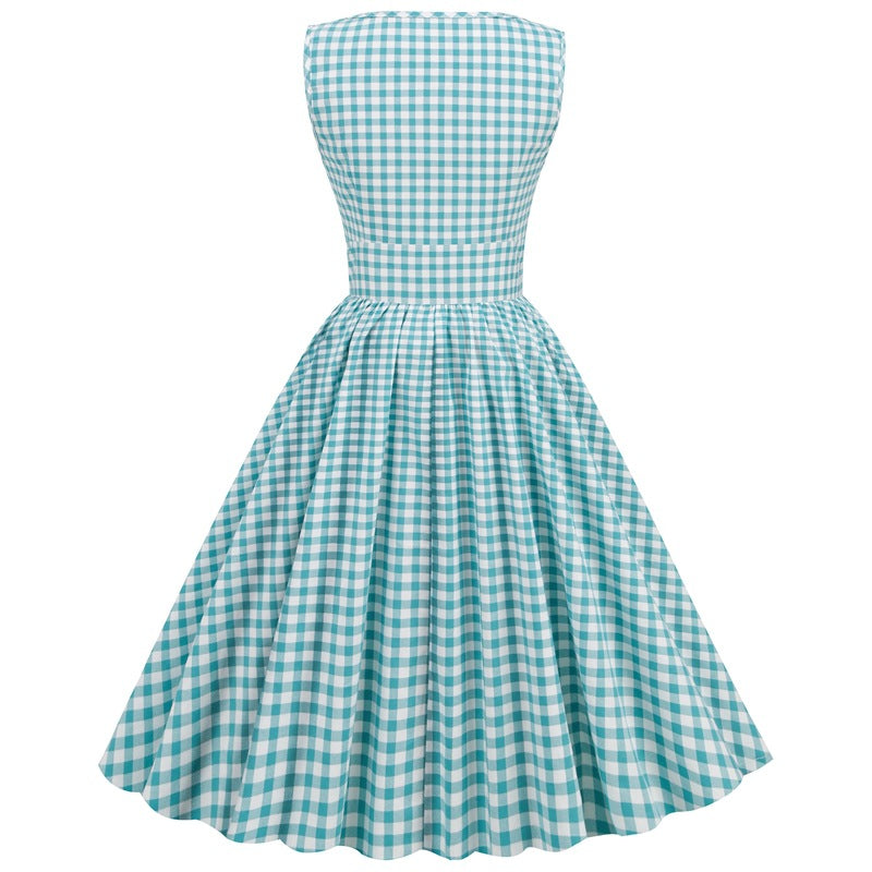 Pink Plaid Sleeveless Patchwork Retro Large Dress