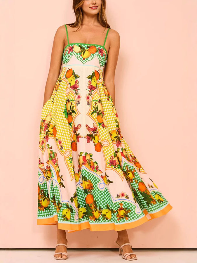 Women's Sexy Strap Positioning Printed Sleeveless High Waist Large Dress