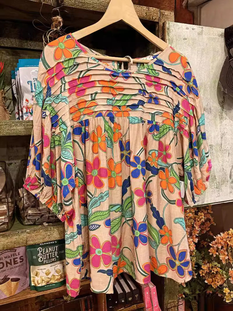 Women's Pleated Round Neck Printed Shirt Blouse