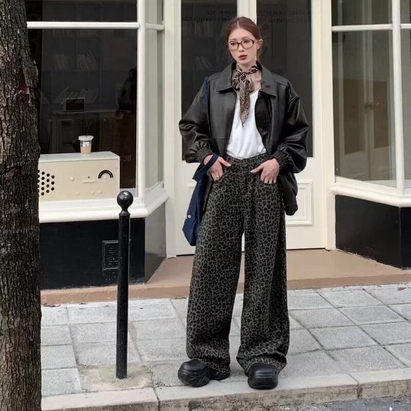 Women's & Men's Leopard Print Washed Distressed Straight Loose High Street Pants