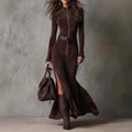 High Quality Suede Autumn Fashion Elegant Graceful Zipped Stand Collar Dress