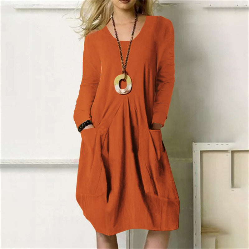 Women's Cotton Linen Loose Casual Solid Color Dress