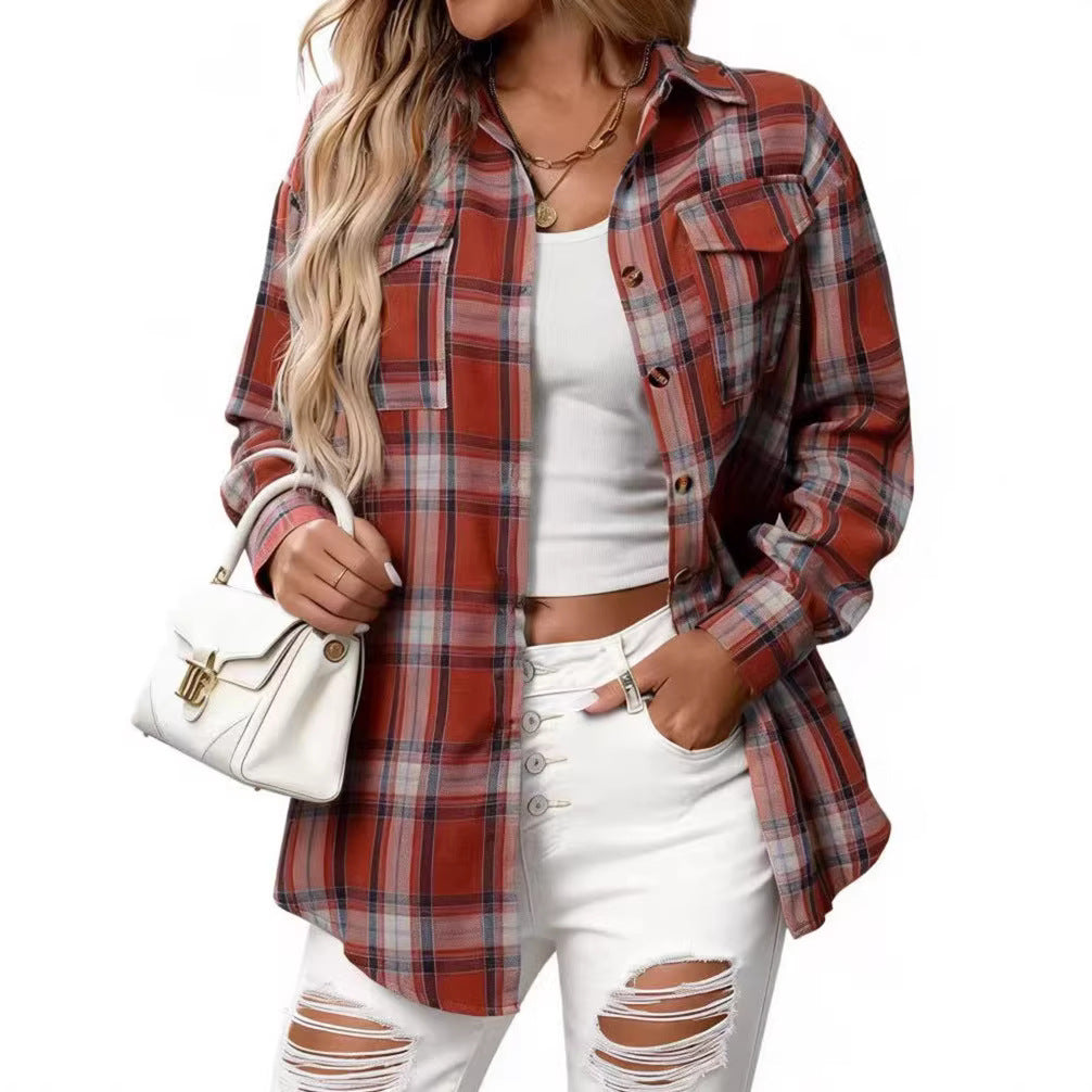 Women's Casual Fashion Loose Plaid Pocket Shirt Blouse
