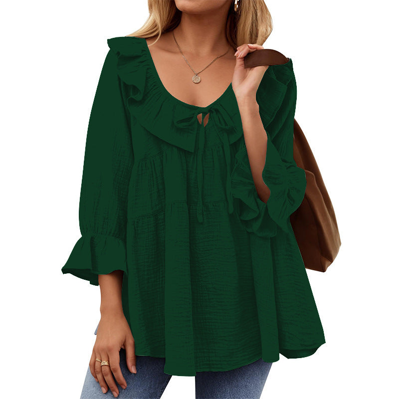 Women's Neck Tied Front Dart Loose Waist Women's T-shirt