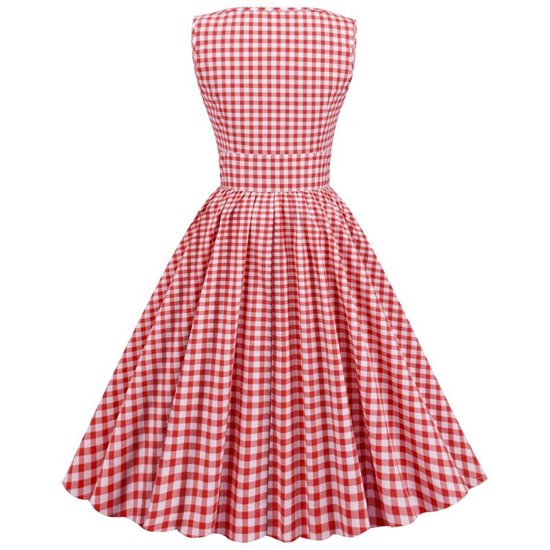 Pink Plaid Sleeveless Patchwork Retro Large Dress