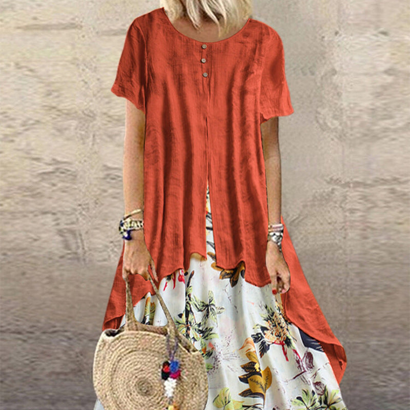 Women's Elegant Cotton Linen Floral Large Swing Dress