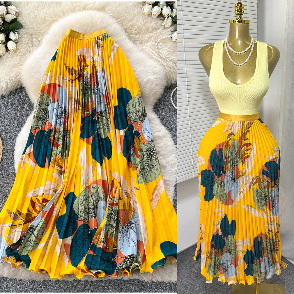 Women's Retro Printed High Waist A- Line Mid-length Pleated Large Hem Skirt