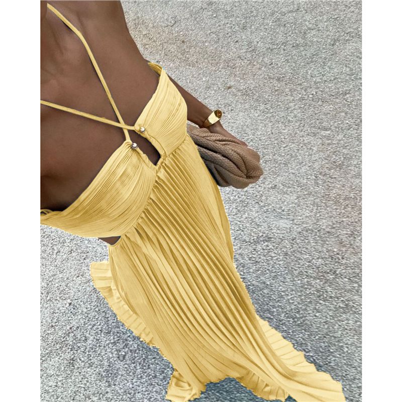 Summer Pure Color Pleated Sleeveless Suspender Dress
