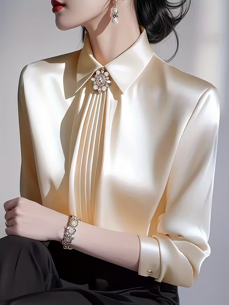 Elegant Graceful Satin Shirt Pleated Long Sleeve Leisure Blouse