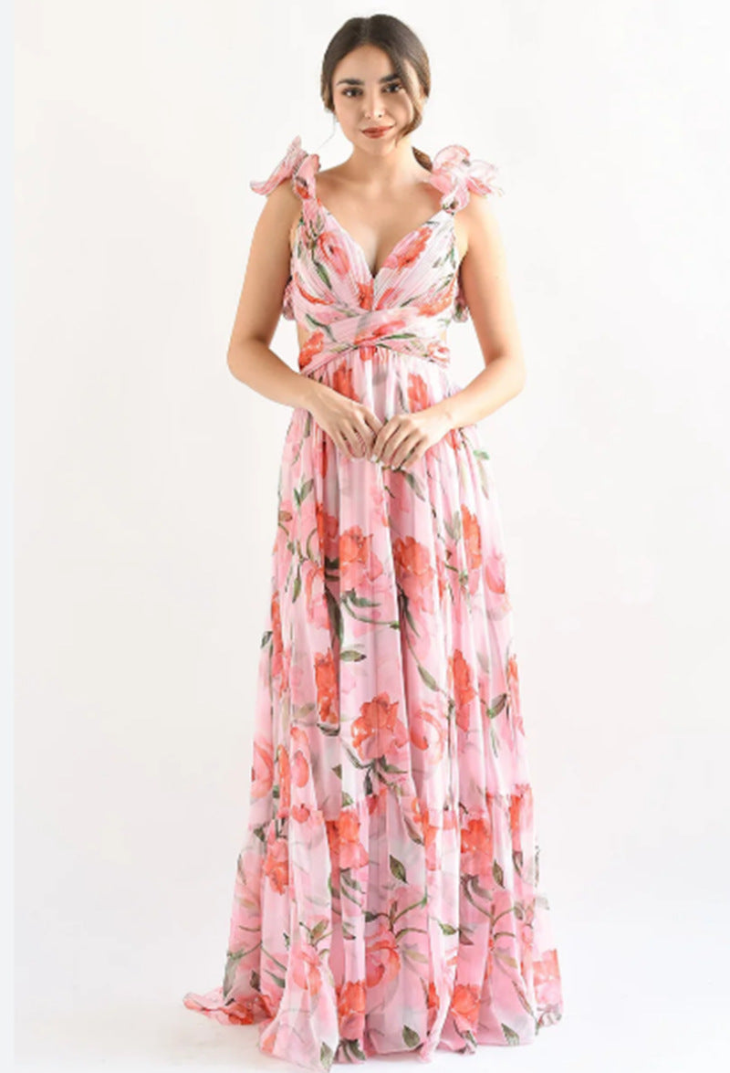 Women's Deep V Chiffon Long Printed Sleeveless Elegant Dress