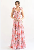 Women's Deep V Chiffon Long Printed Sleeveless Elegant Dress