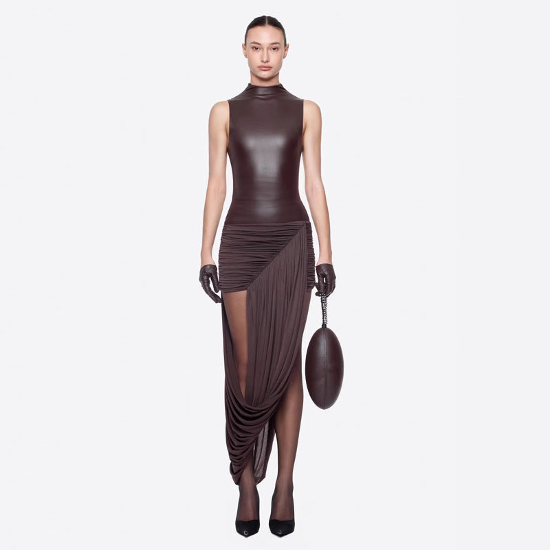 Fashion Personality Party Elegant Leather Sheath Hot Sleeveless Dress