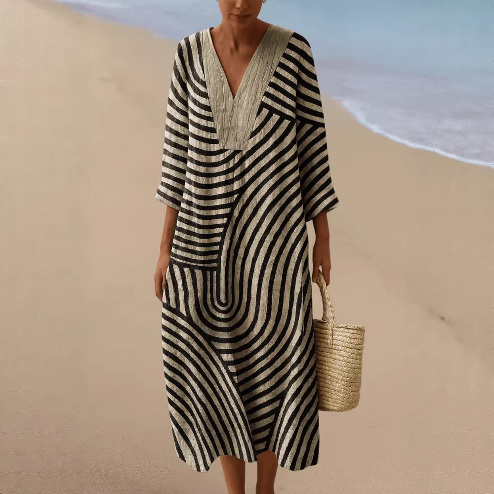Women's Printed Fashion Popular Stitching Linen Dress