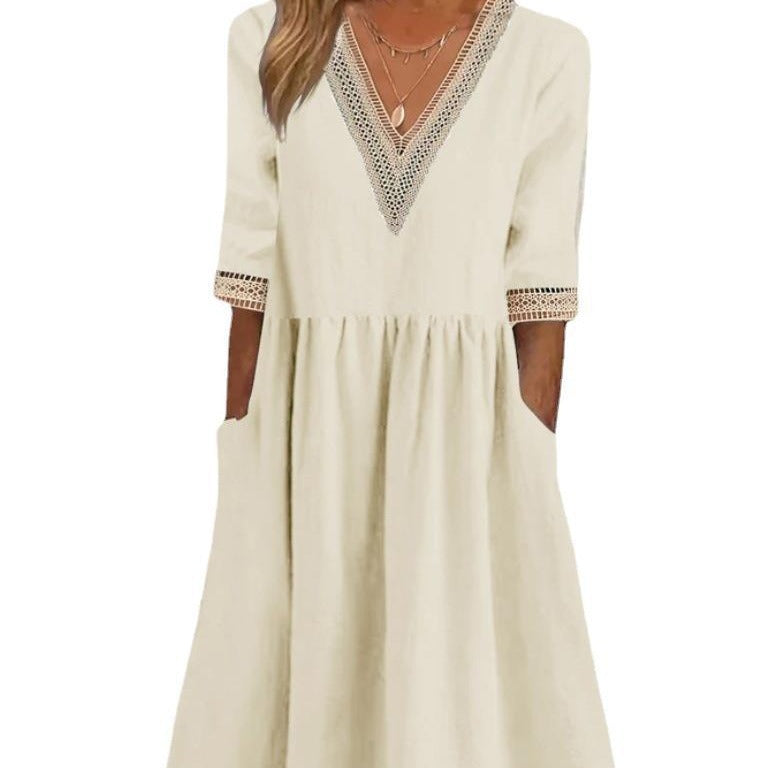 Women's Loose Cotton Linen Lace Collar Half Dress