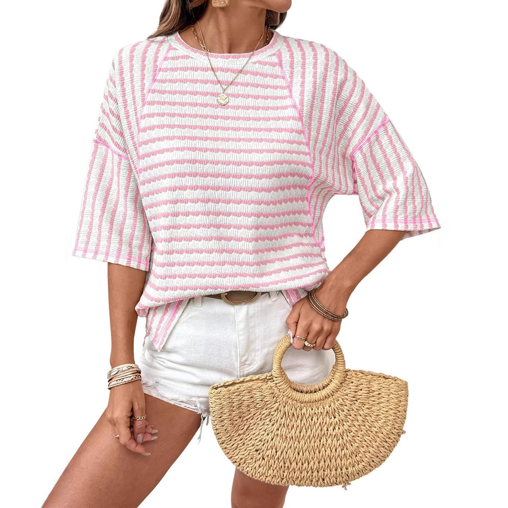 Women's Summer Pullover Simple Striped Half Sleeve Women's T-shirt