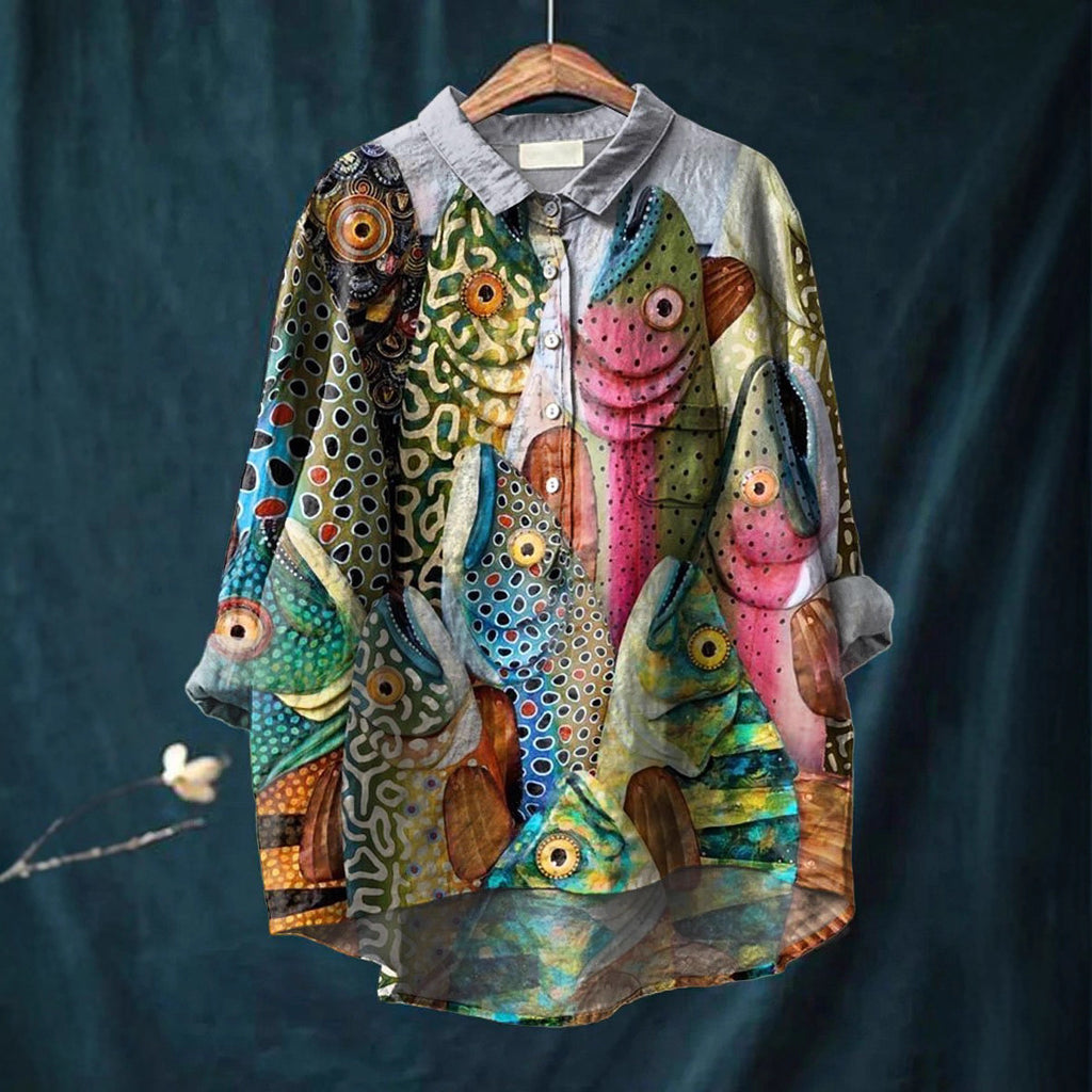 Women's Long-sleeved Personality Printing Lapel Comfortable Long Sleeve Half Button Blouse