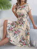 Women's Elegant Flowers Batwing Sleeve Cinched Waist Dress