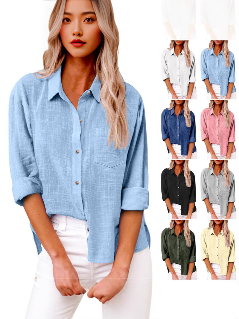 Women's Autumn Pocket Split Long Sleeve Cotton Blouse