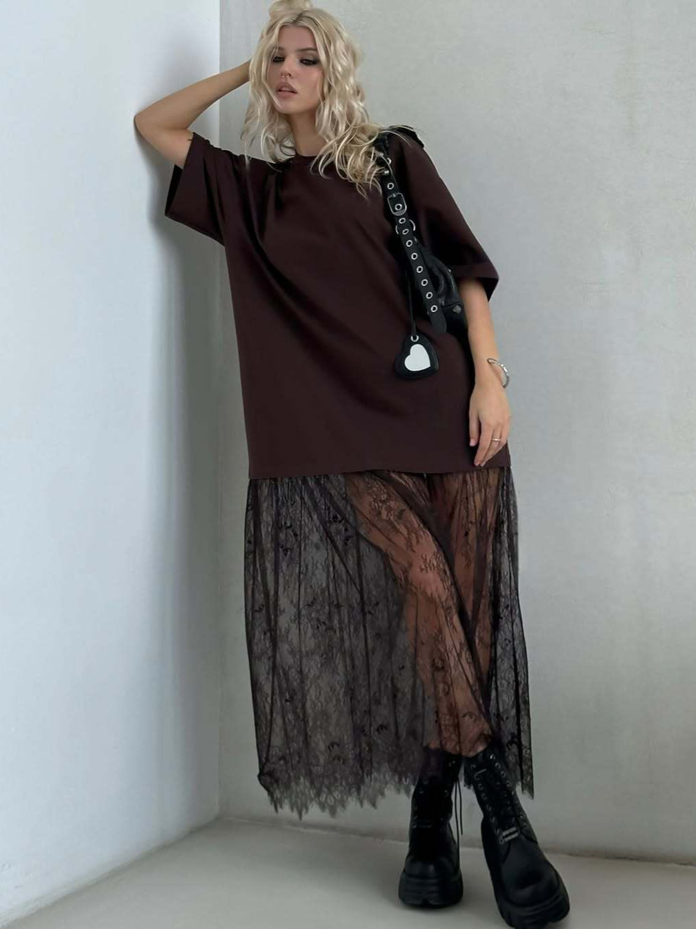 Women's Mesh Stitching Short-sleeved Dress For Summer Elegant Slimming Coffee Color Women's T-shirt