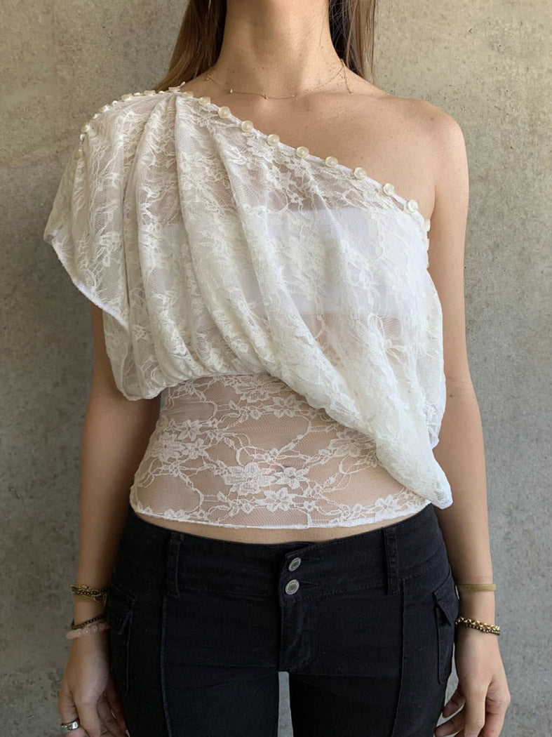 Trendy American Hot Button Diagonal Collar Women's T-shirt