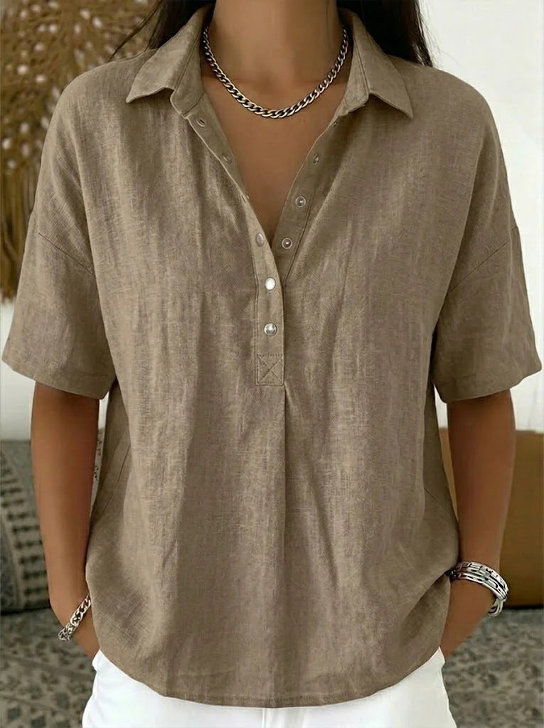 Women's Summer Loose Comfortable Lapel Sleeve Solid Color Blouse