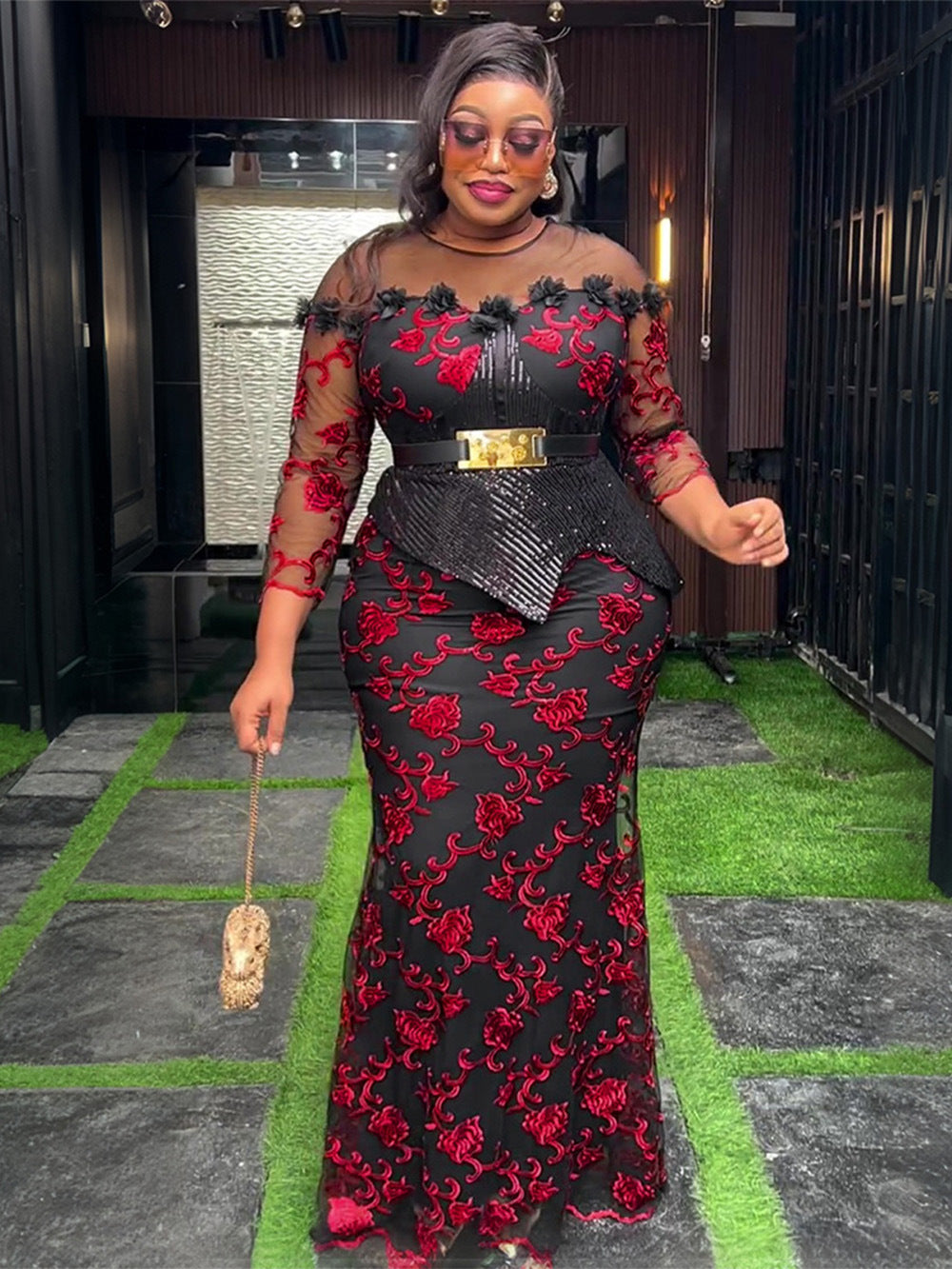 Women's African Lace Slim Fit Patchwork Hip Plus Size