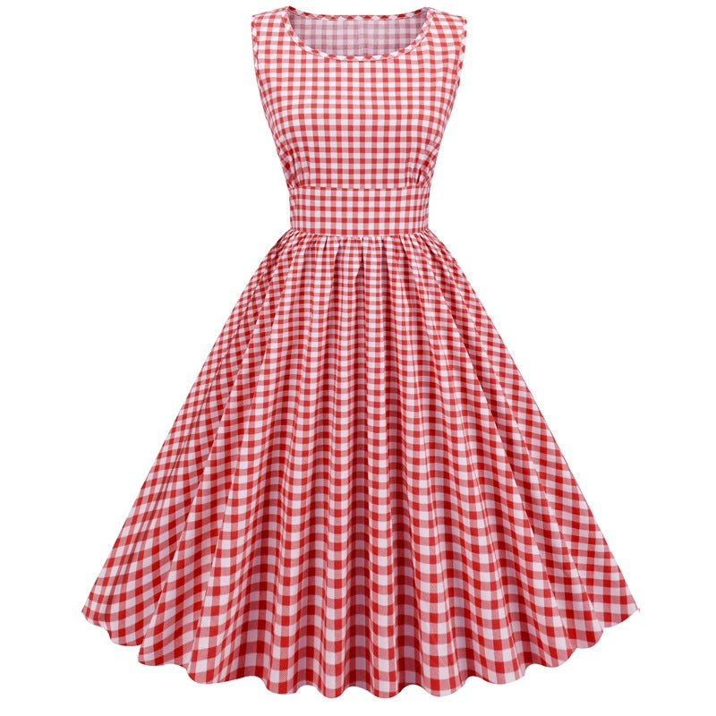 Pink Plaid Sleeveless Patchwork Retro Large Dress