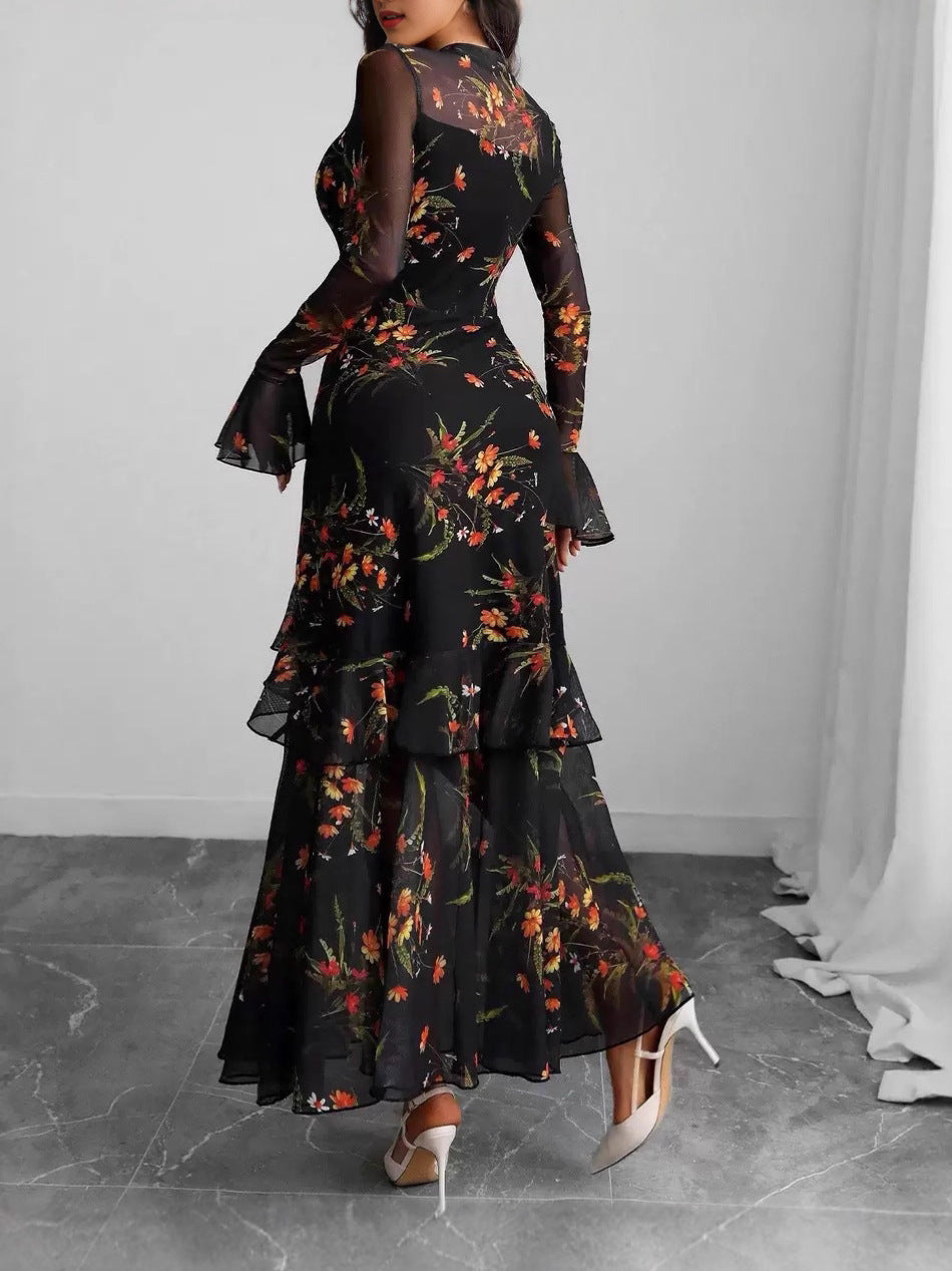 Printed Black Ruffle Sleeve Plant Flower Print Niche Female Dress