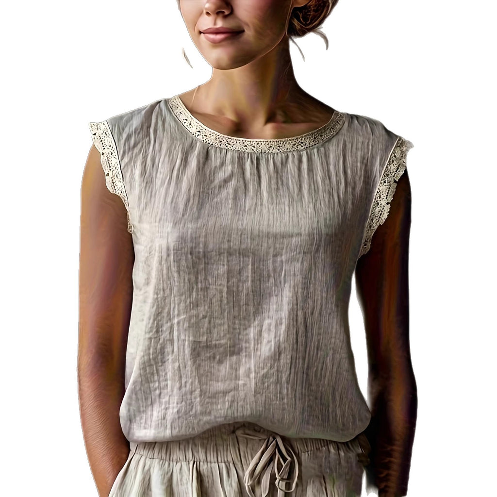 Women's Color Round Neck Lace Stitching Sleeveless Blouse