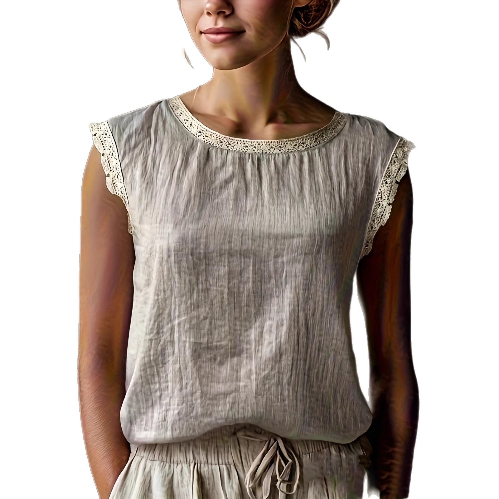 Women's Color Round Neck Lace Stitching Sleeveless Blouse