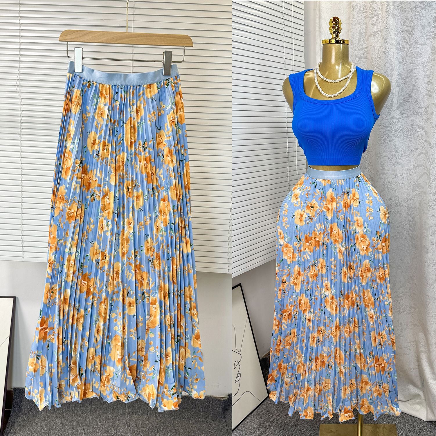 Women's Retro Printed High Waist A- Line Mid-length Pleated Large Hem Skirt