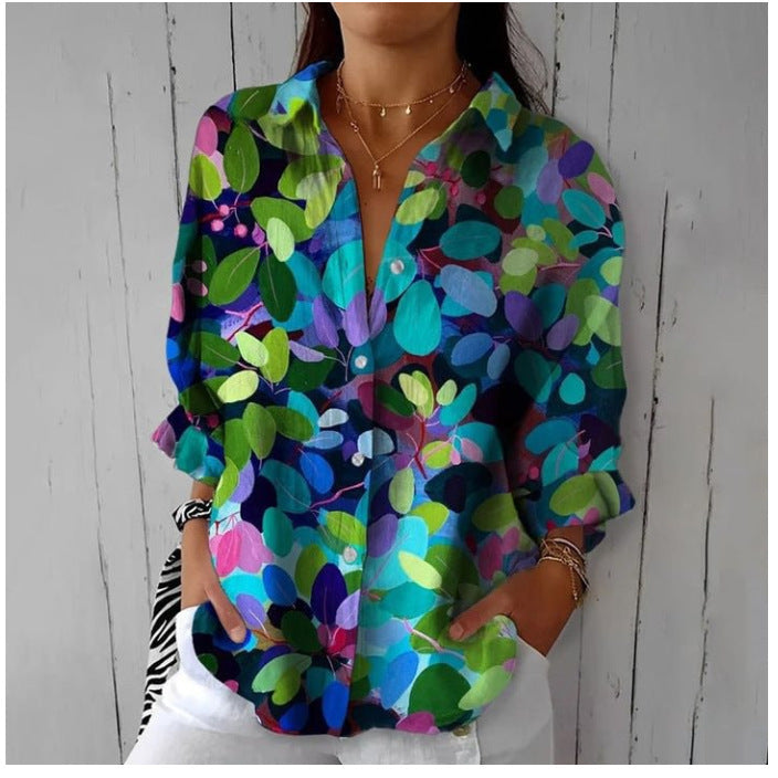 Women's Digital Printing Abstract Pattern Long Sleeve Buckle Blouse